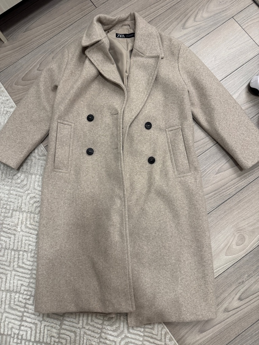 Zara Beige Double-Breasted Wool-Blend Coat with Black Buttons